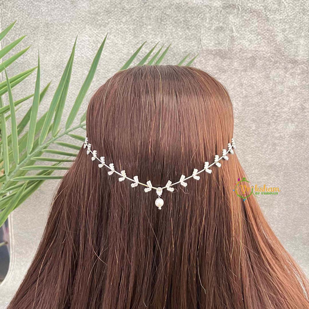 Vriksham Flora Back-Head Chain: Delicate Leaf-Motif Silver Hair Vine with Graceful Pearl Drop-G22072