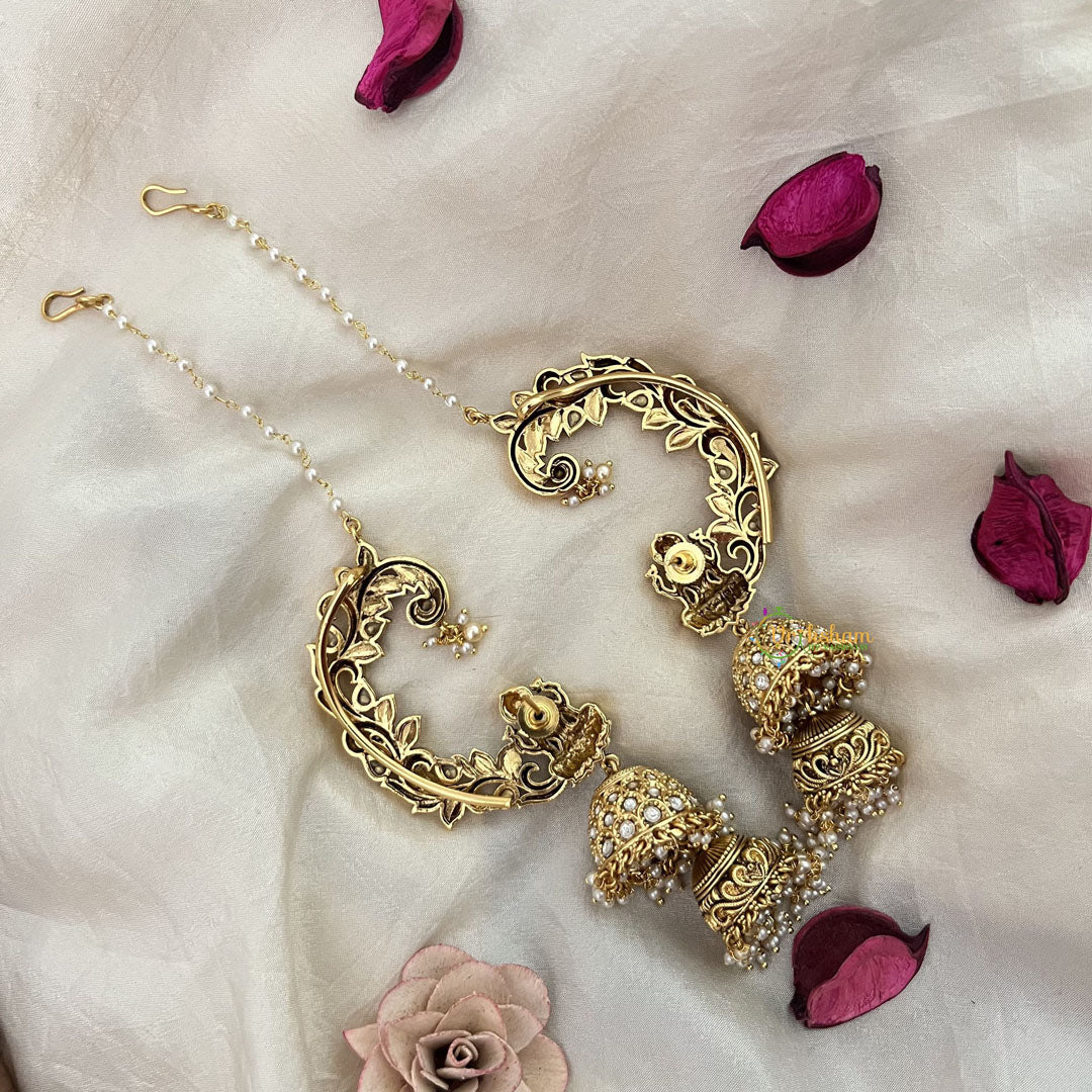 Vriksham Antique Gold Buttalu Nakshi With Lakshmi Ear cuff Double Jhumkas Earrings-White-Pearl-G19225