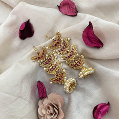 Vriksham Gold Finished Ruby Pearl Jhumkas With Ear Chain-G19207
