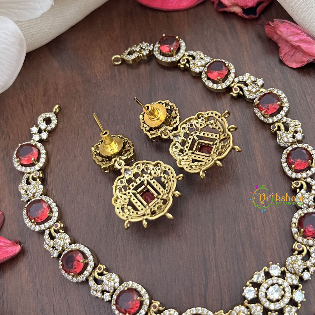 Vriksham Elegant Victorian Diamond Short Neckpiece-Red-VV1968