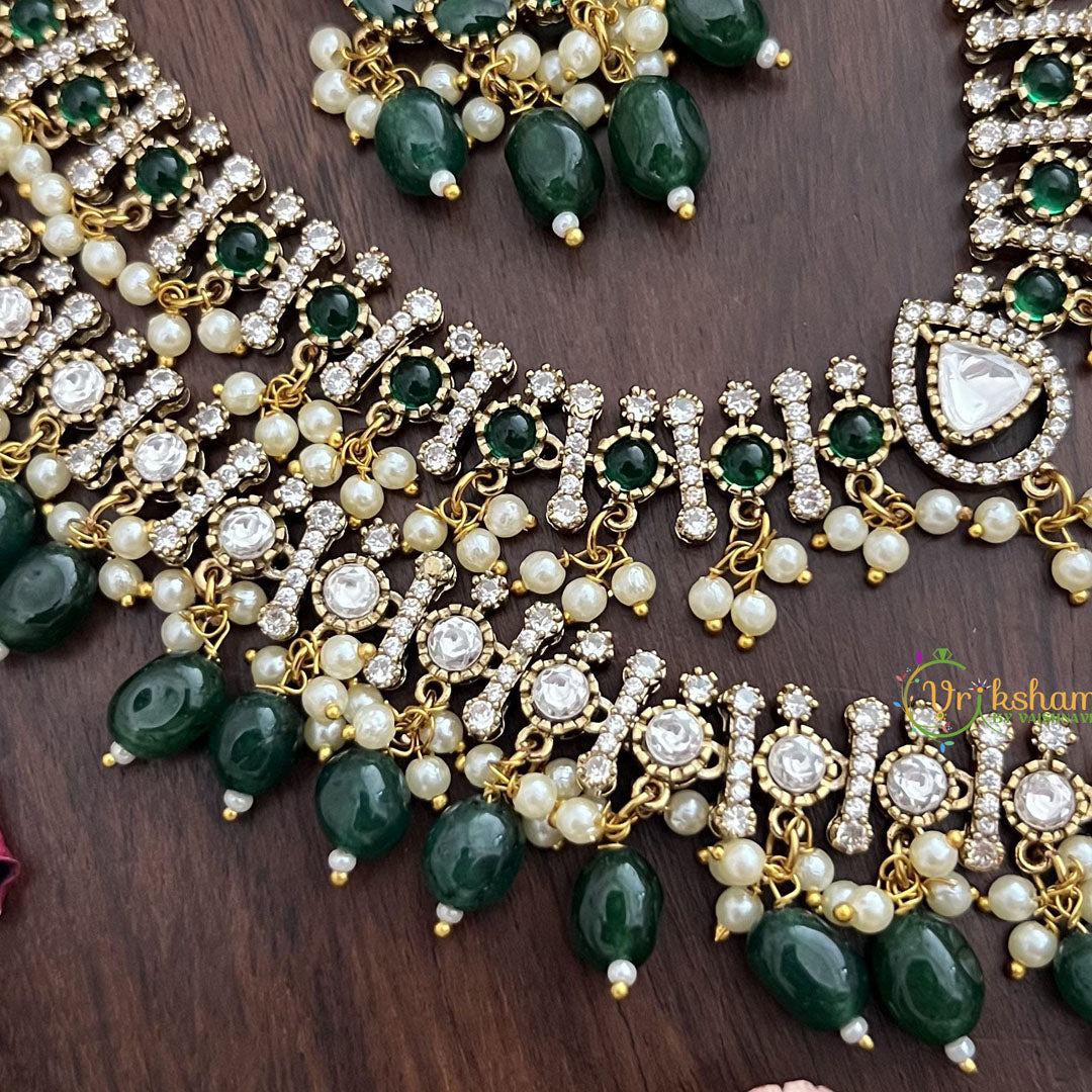 Vriksham Double Layer Victorian Diamond Short Neckpiece-Dark Green Bead-VV1970