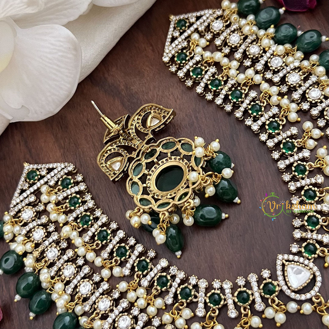 Vriksham Double Layer Victorian Diamond Short Neckpiece-Dark Green Bead-VV1970