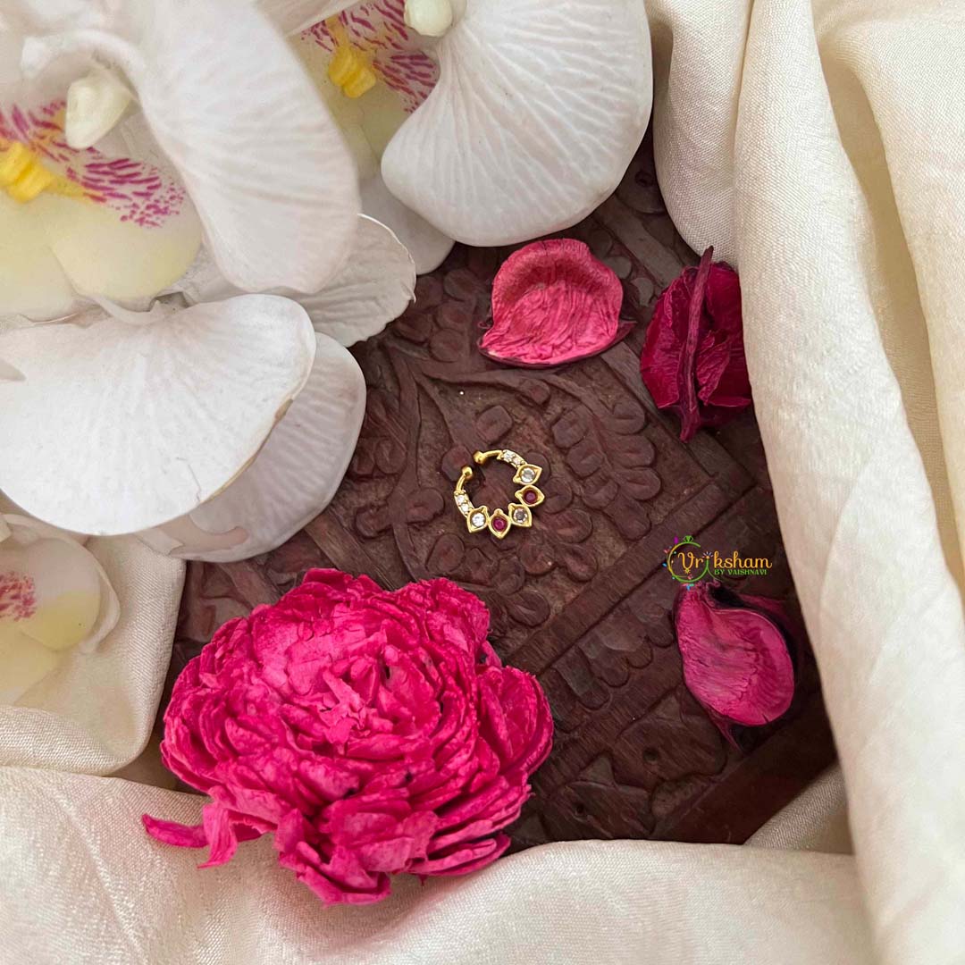 Vriksham Classic 5 Leaf Gold-Plated Flower Style Septum Ring-White Red-G21479