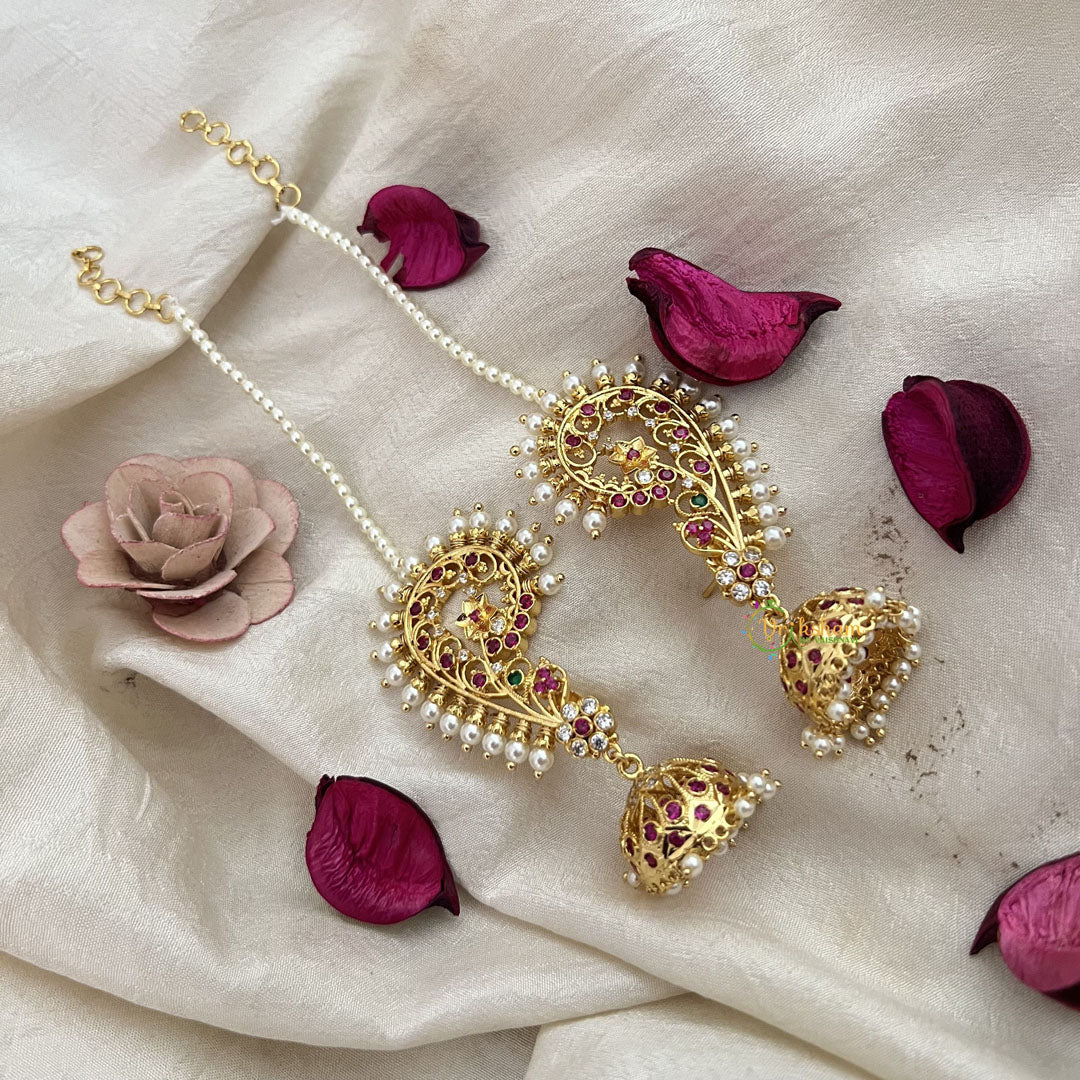 Vriksham Bridal South Indian Floral Style Kundan Ear cuff Jhumkas Earrings-Pearl-G19223