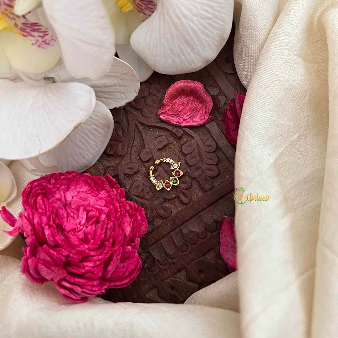 Vriksham Classic 5 Leaf Gold-Plated Flower Style Septum Ring-White Red & Green-G21478