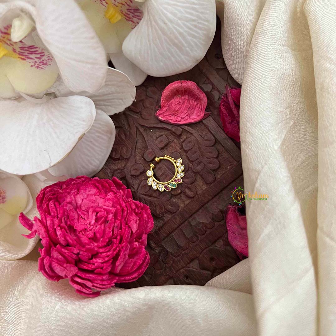 Vriksham Peacock Feather Gold-Plated Flower Style Septum Ring- Red White & Green-G21469