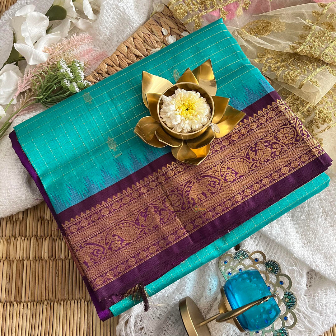 Mint Green Korvai Silk Cotton Saree-Vairaoosi Podi Kattam with Butta-Handloom-VS3401