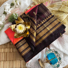 Coral Korvai Silk Cotton Saree-Vairaoosi Podi Kattam-Handloom-VS3390