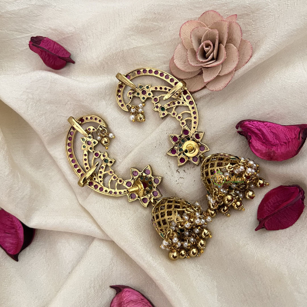Vriksham Golden Finish Floral Ear cuff Jhumkas Earrings-Red Green-Gold Bead-Pearl-G19217