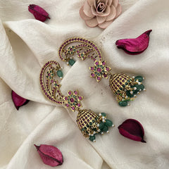 Vriksham Golden Finish Floral Ear cuff Jhumkas Earrings-Red Green-Green Bead-Pearl-G19216
