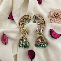 Vriksham Golden Finish Floral Ear cuff Jhumkas Earrings-Red Green-Green Bead-Pearl-G19216