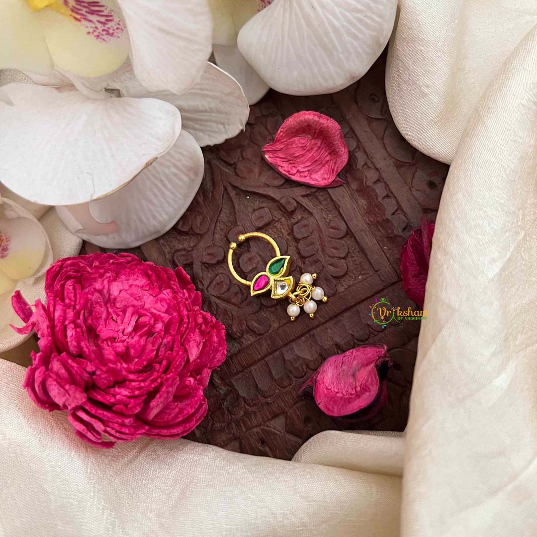 Vriksham Trio Style Red Green & White Kundan Reversible Jadau Septum Ring-Pearls-J4075