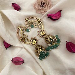 Vriksham Golden Finish Floral Ear cuff Jhumkas Earrings-Red Green-Green Bead-Pearl-G19216