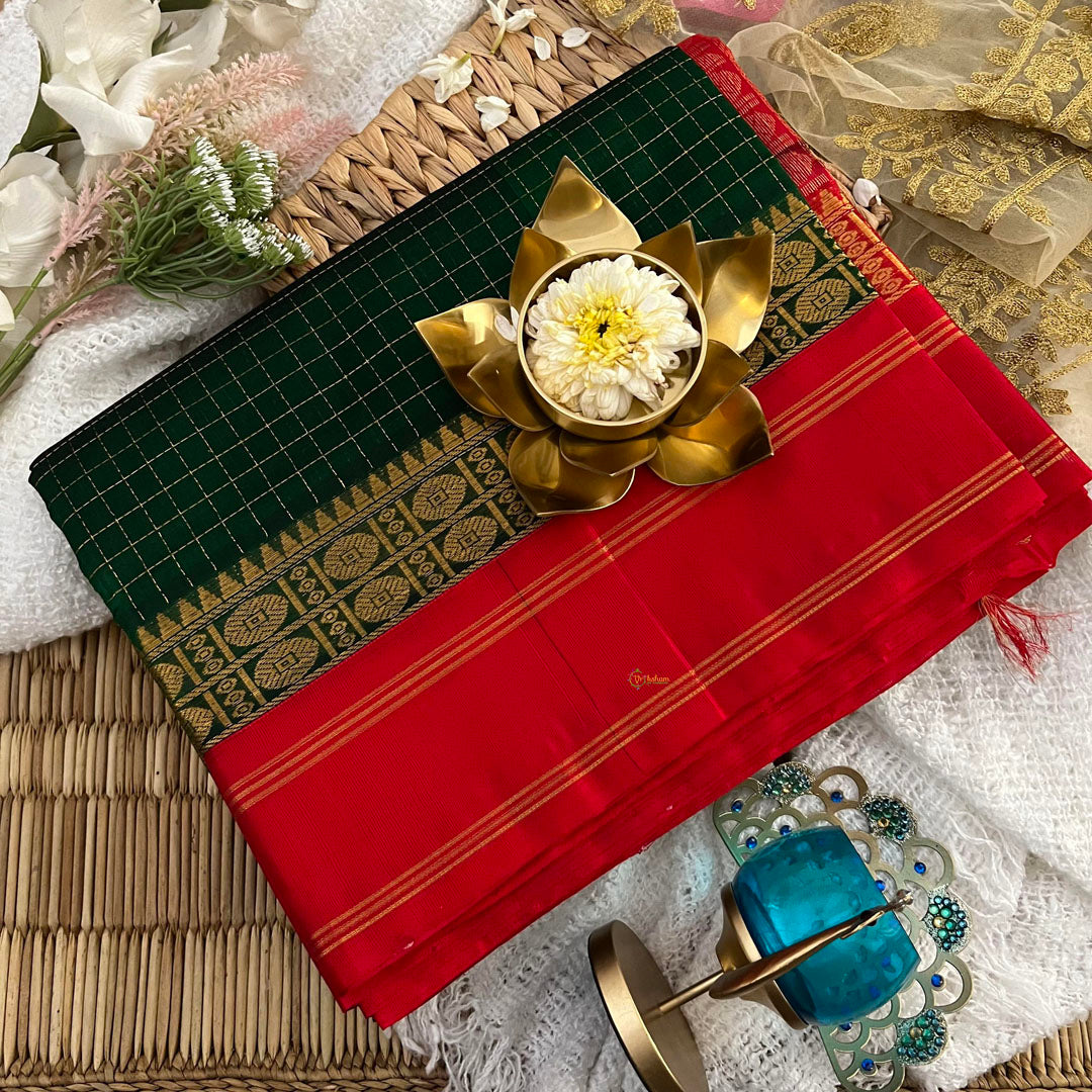 Bottle Green with Red Korvai Silk Cotton Saree-Vairaoosi Podi Kattam-Handloom-VS3393