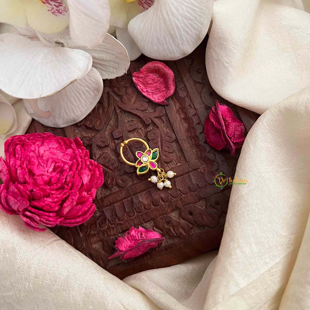 Vriksham  Elegant Lotus Style Green Red & White Reversible Kundan Jadau Septum Ring-J4081