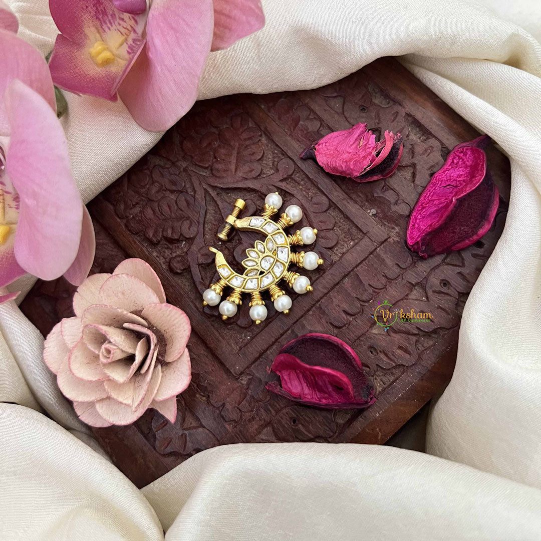 Vriksham Lotus Style White Stone Jadau Press Naths/Nose Pin-Pearls-J3867