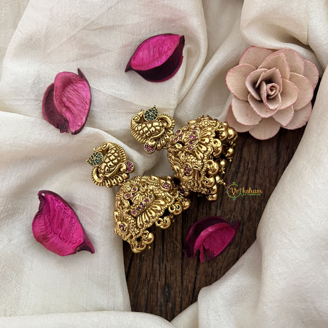 Vriksham Designer Lakshmi With  Peacock Golden Style Jhumkas Earrings-Gold Bead-G19202