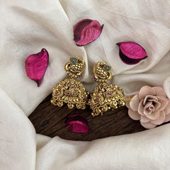Vriksham Designer Lakshmi With  Peacock Golden Style Jhumkas Earrings-Gold Bead-G19202