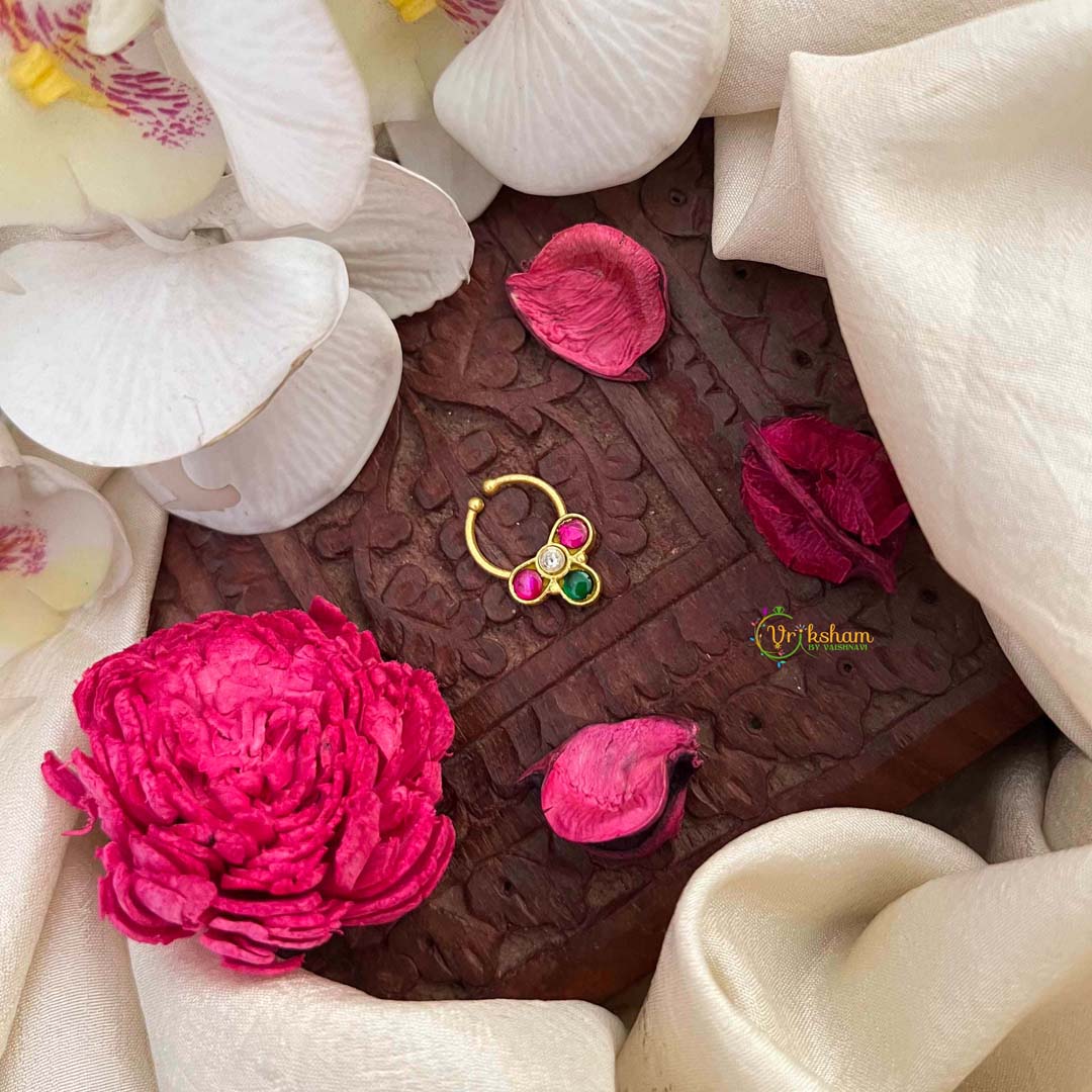 Vriksham Petal 3  Flower Style Green Red & White Kundan Jadau Septum Ring-J4086