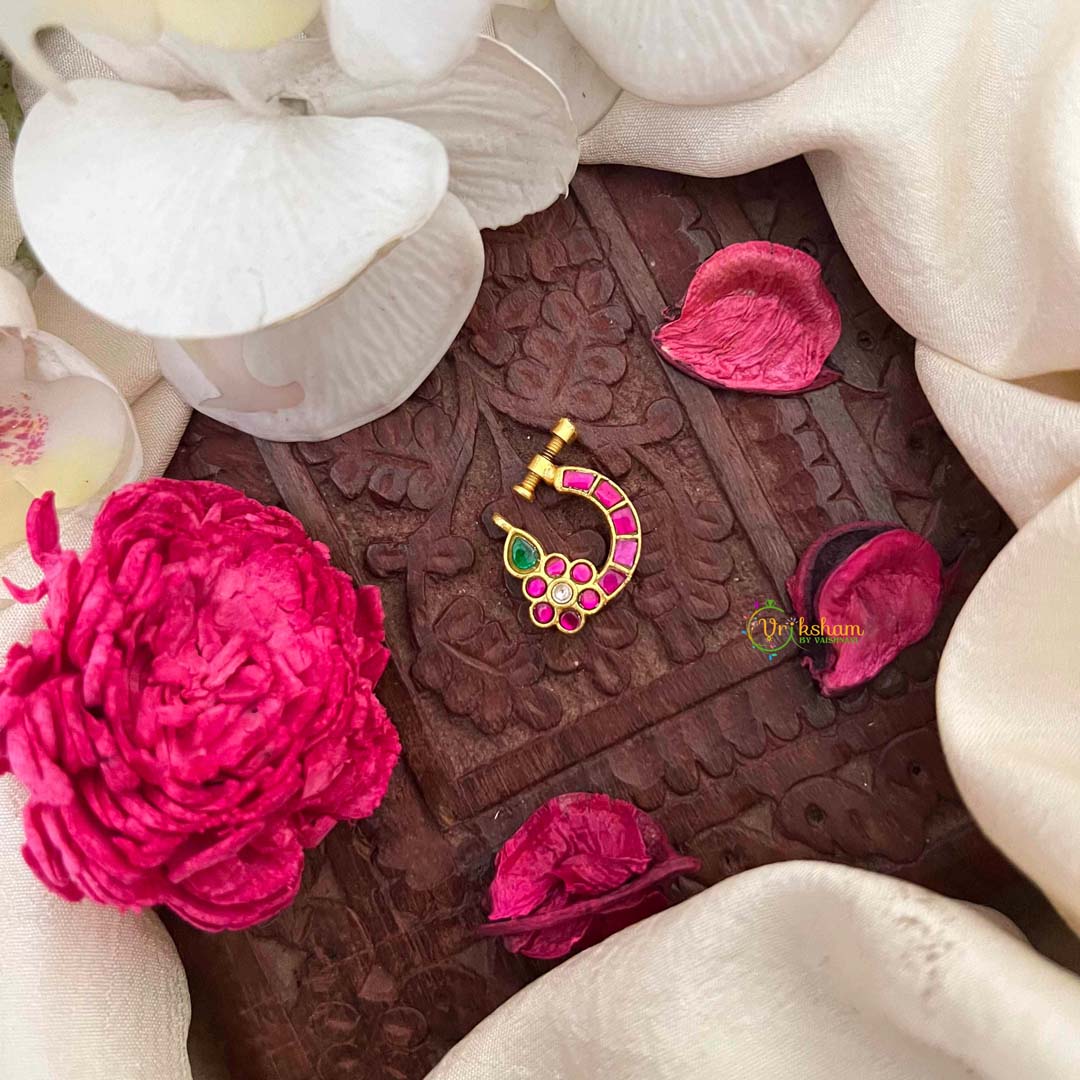 Vriksham Antique Floral Red Green & White Reversible Kundan Jadau Press Naths/Nose Pin-J4100