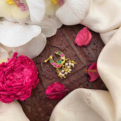 Vriksham Peacock Father Green Red & White Reversible Kundan Jadau Press Naths/Nose Pin-Pearls-J4098