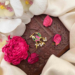 Vriksham Antique Floral Peacock Style Green Red & White Reversible Kundan Jadau Press Naths/Nose Pin-J4094