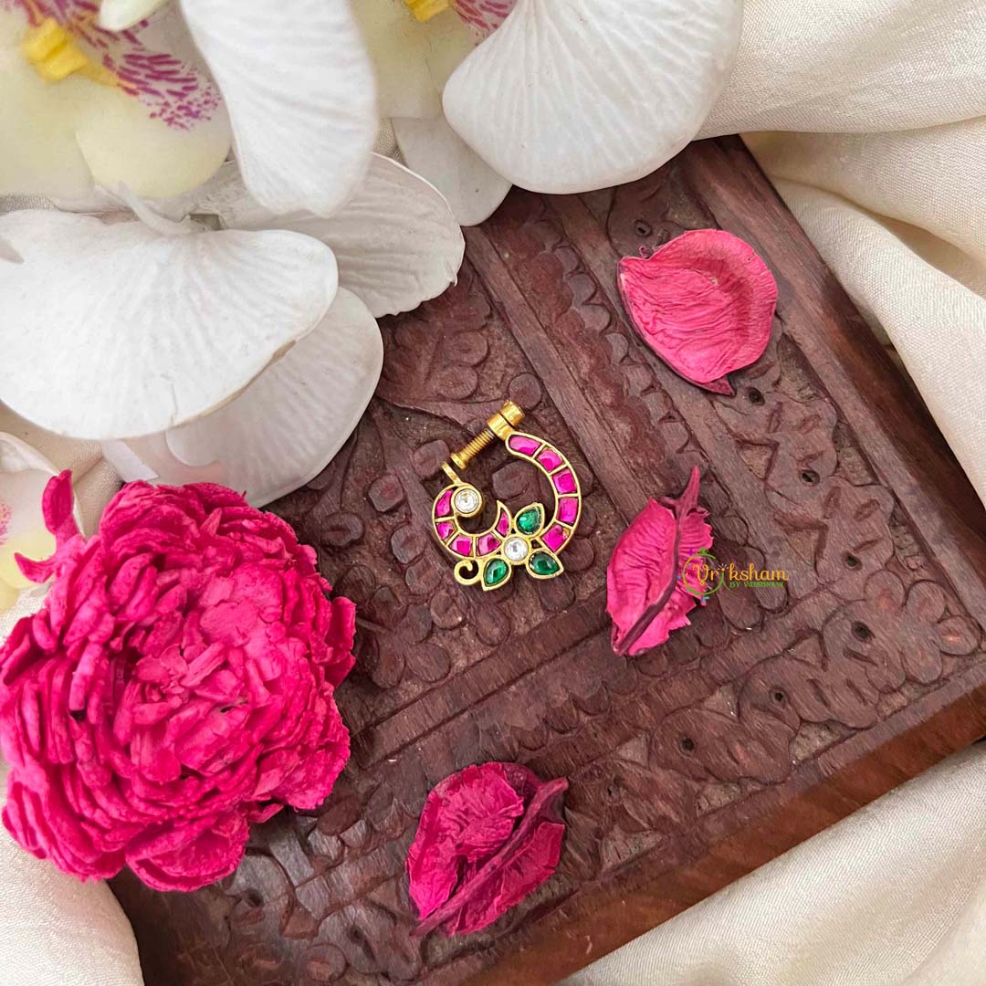 Vriksham Peacock Style Red Green & White Kundan Jadau Press Naths/Nose Pin-J4092