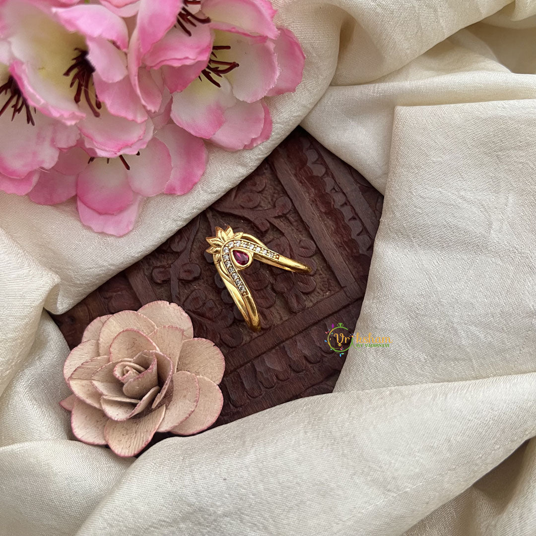 Vriksham Exclusive AD Stone With Tilak Red Stone Gold Look Alike Vangi Finger Ring-G20071