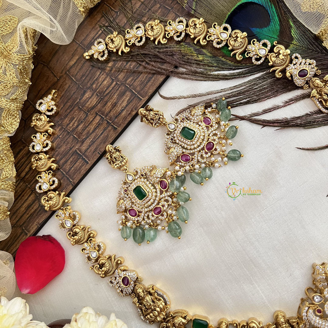 Vriksham Designer Gold Plated Lakshmi Pendant With Peacock Neckpiece-Aqua Green Bead-G19144