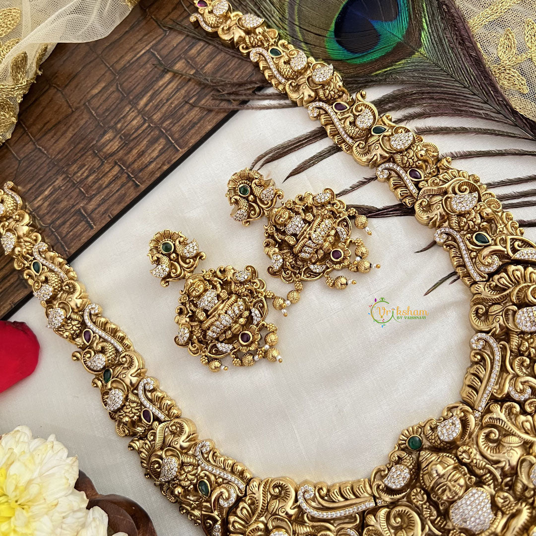 Vriksham Dual Elephant Gold Plated Lakshmi Pendant With Peacock Long Neckpiece-Gold Bead-G19145