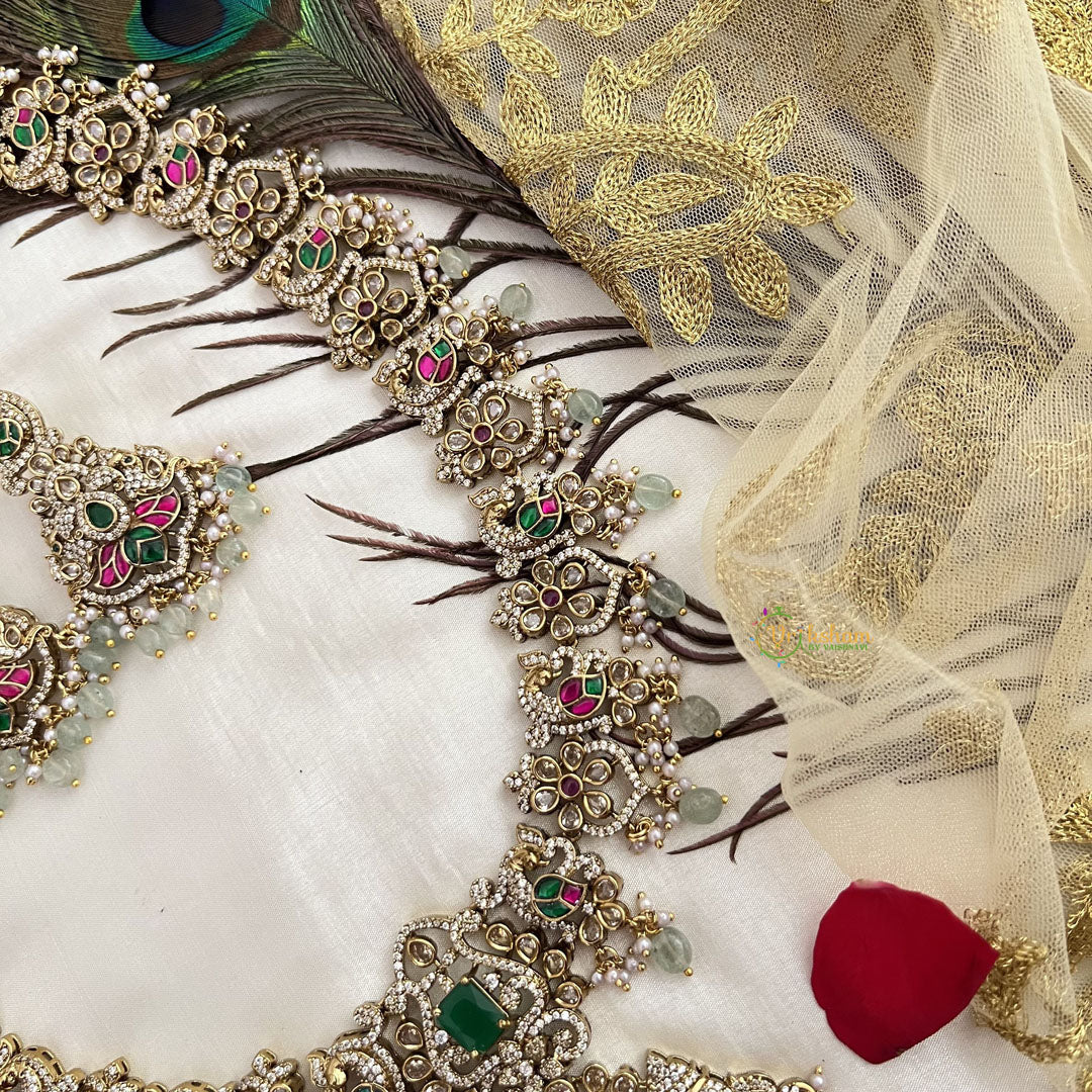 Vriksham Elephant With Peacock Style Bridal Long Neckpiece-Aqua Green Bead-G19140