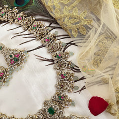 Vriksham Elephant With Peacock Style Bridal Long Neckpiece-Aqua Green Bead-G19140