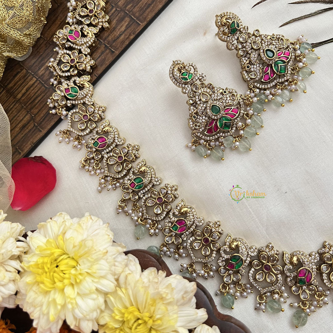 Vriksham Elephant With Peacock Style Bridal Long Neckpiece-Aqua Green Bead-G19140