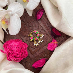 Vriksham Peacock Feather Style Green Red & White Reversible Kundan Jadau Press Naths/Nose Pin-J4095