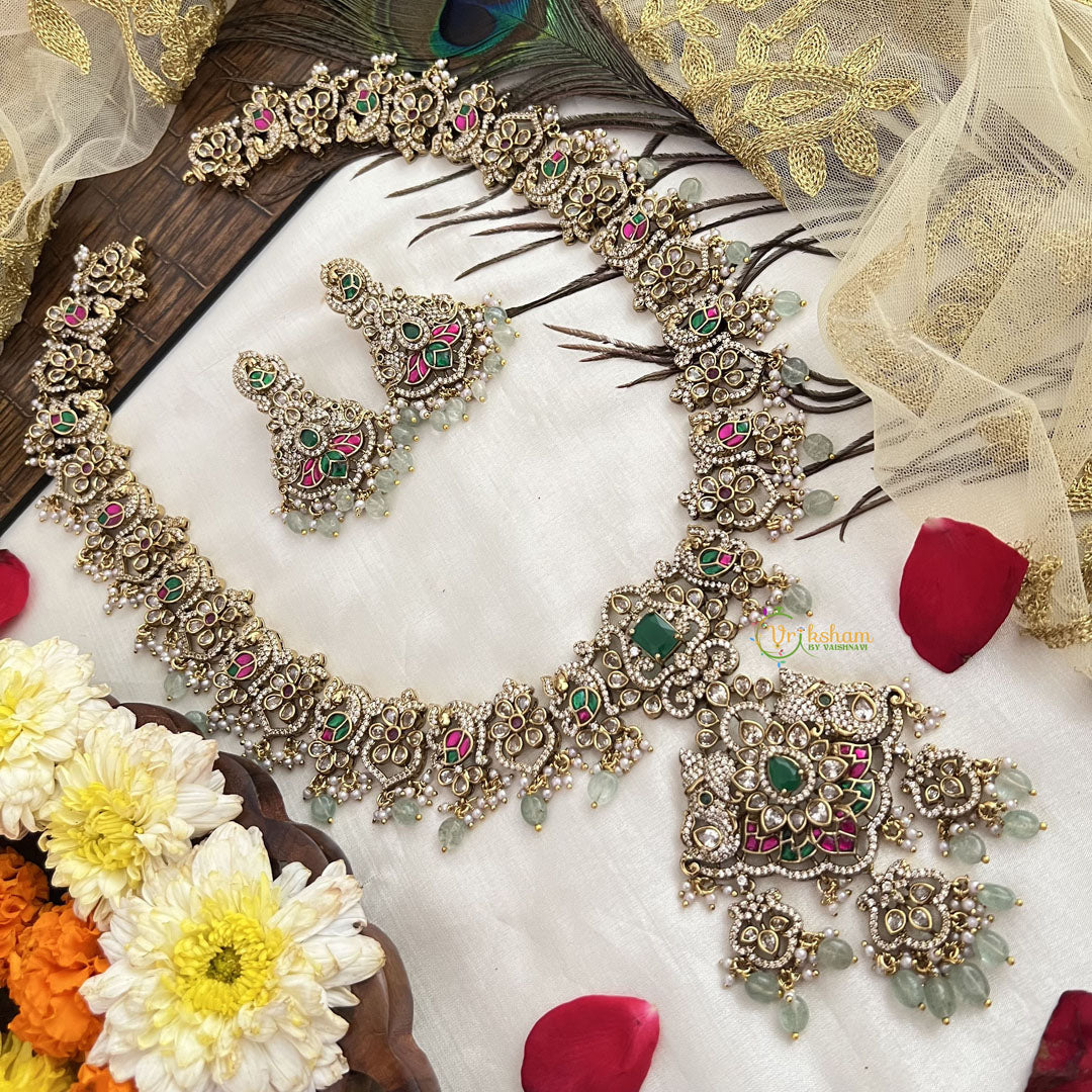 Vriksham Elephant With Peacock Style Bridal Long Neckpiece-Aqua Green Bead-G19140