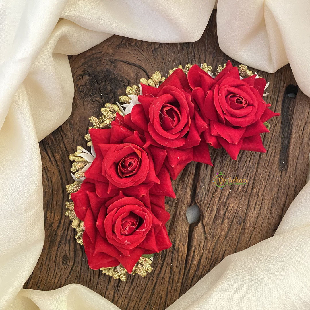 Vriksham Red Rose Floral Veni with Gold Beads- Flower Accessory-H892