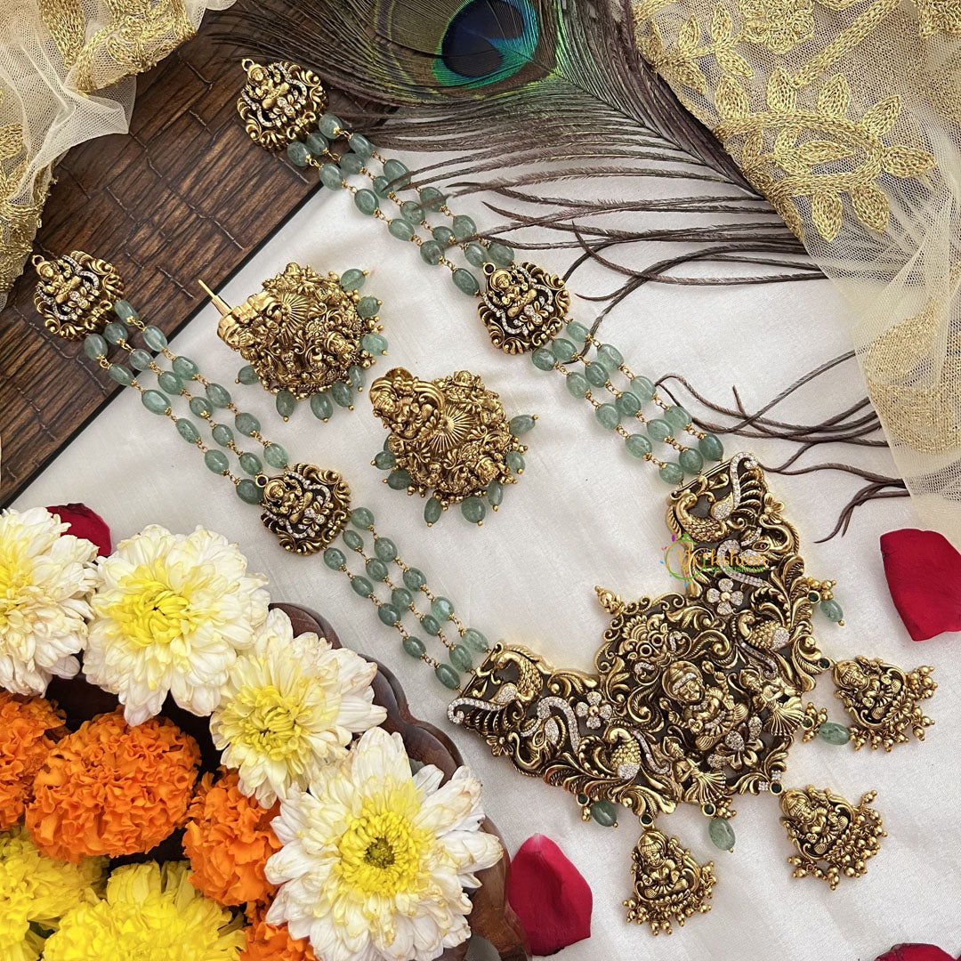 Vriksham Traditional Gold Lakshmi Temple With Aqua Green Beaded Haram-Aqua Green Bead-G19134
