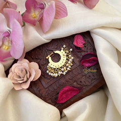 Vriksham Double Layered Chand Bali Style Green Stone Jadau Press Naths/Nose Pin-Pearls-J3863