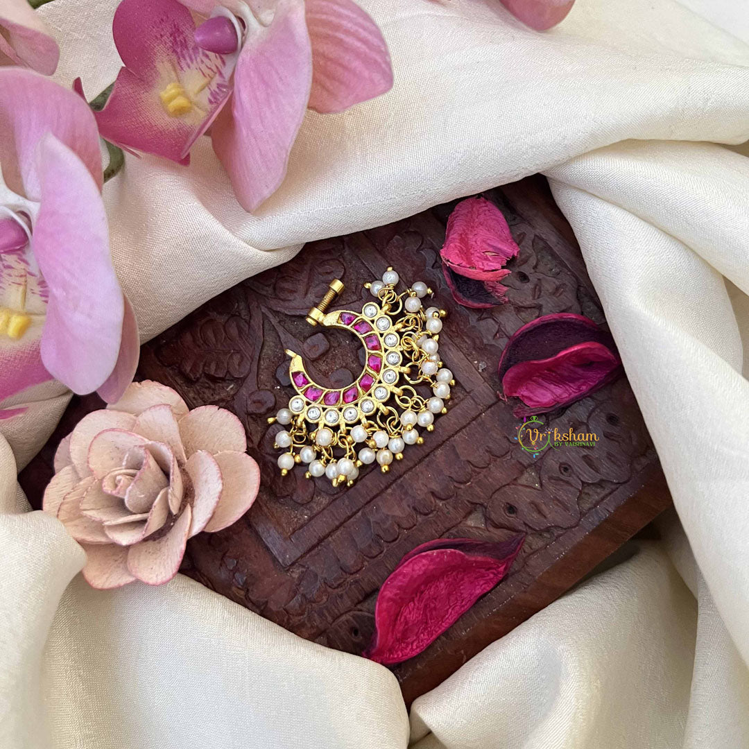 Vriksham Double Layered Chand Bali Style Red White Stone Jadau Press Naths/Nose Pin-Pearls-J3860