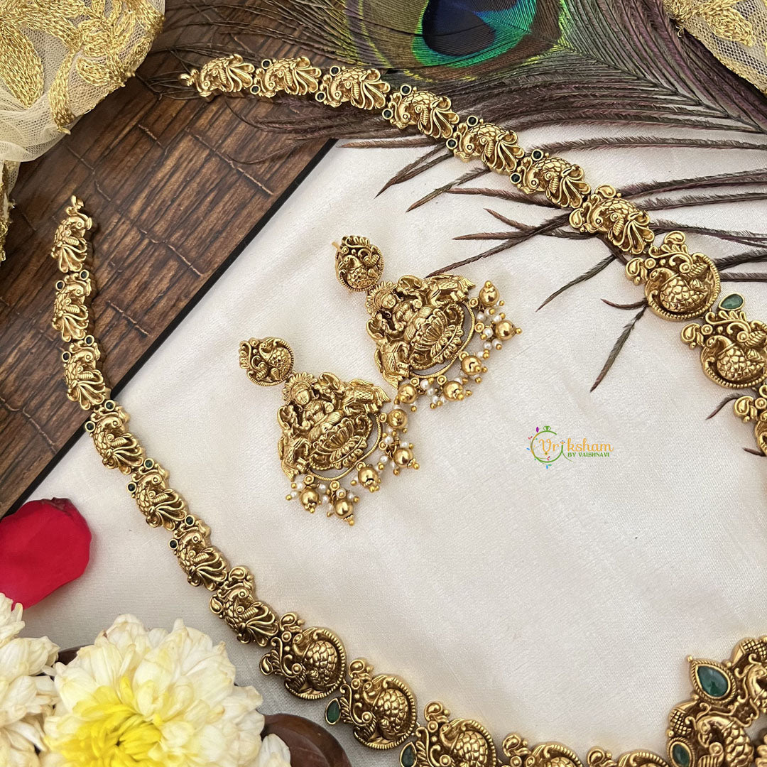 Vriksham Designer Gold Plated Lakshmi With Peacock Long Neckpiece-Gold Bead-G19152