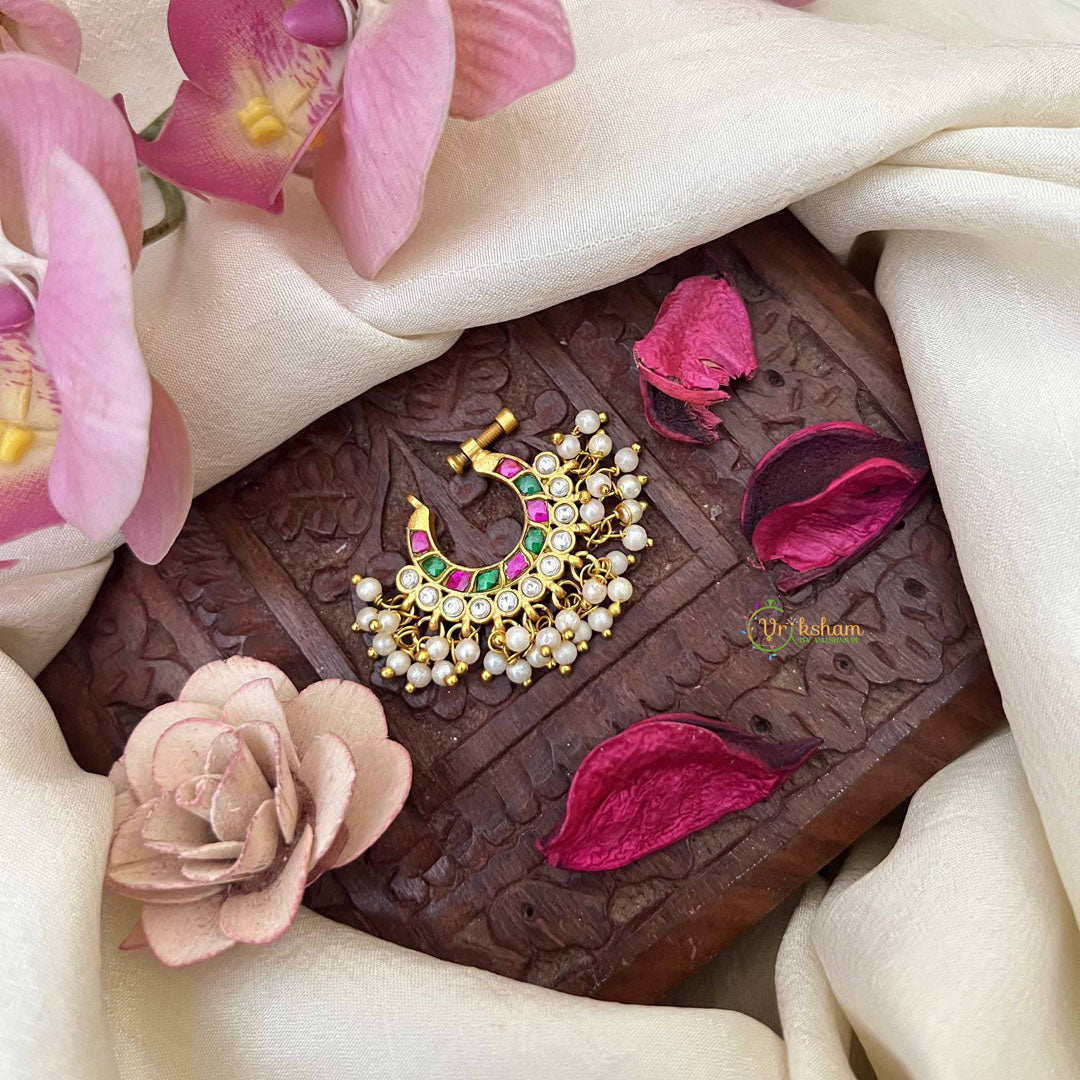 Vriksham Double Layered Chand Bali Style Red White & Green Stone Jadau Press Naths/Nose Pin-Pearls-J3861