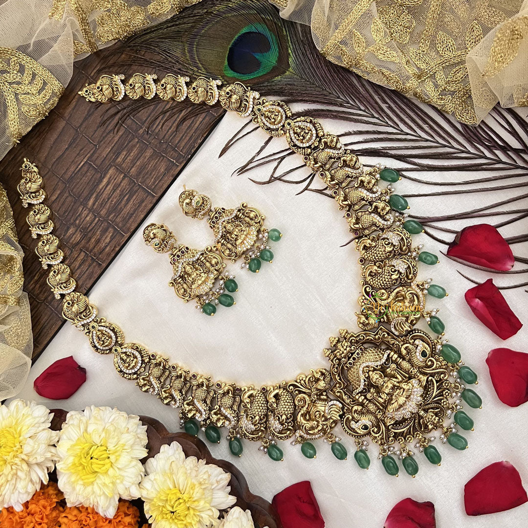 Vriksham Elegant Peacock Style AD Stone With Manga Long Haram-Green Bead-G19150