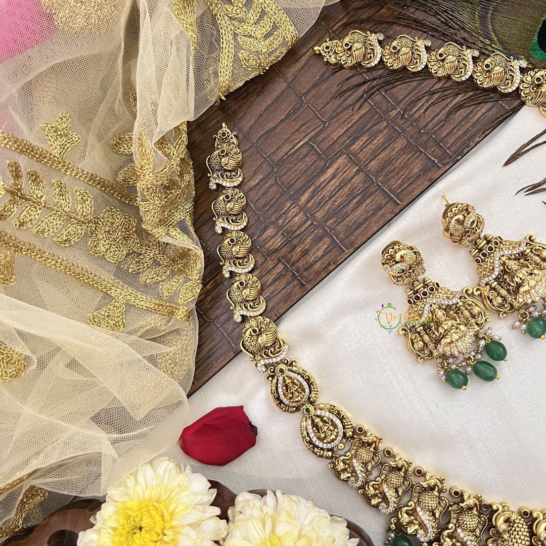Vriksham Elegant Peacock Style AD Stone With Manga Long Haram-Green Bead-G19150