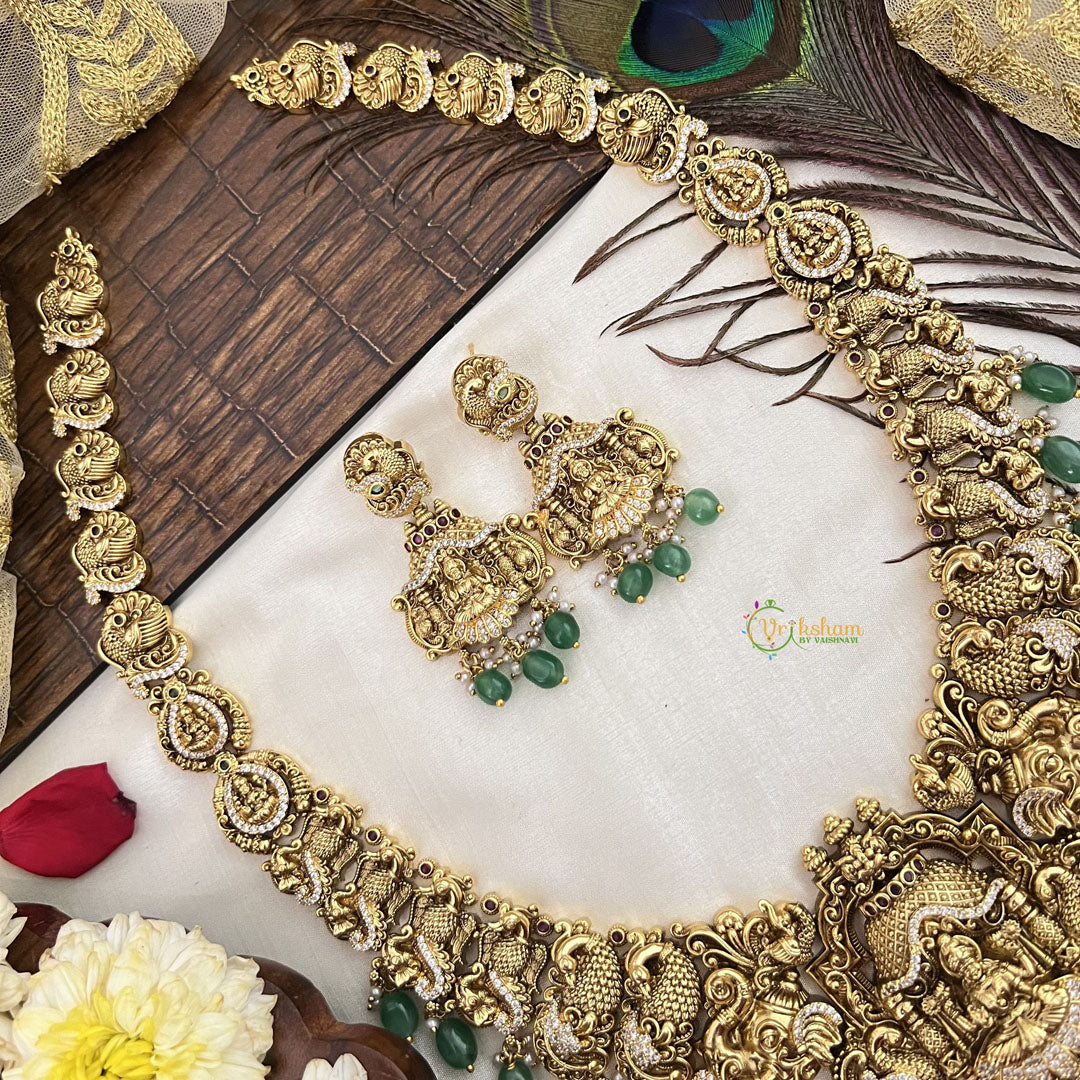 Vriksham Elegant Peacock Style AD Stone With Manga Long Haram-Green Bead-G19150