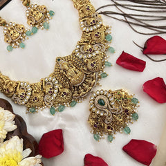 Vriksham Gold Plated Lakshmi Pendant With Peacock AD Stone Long Neckpiece-Aqua Green Bead-G19146