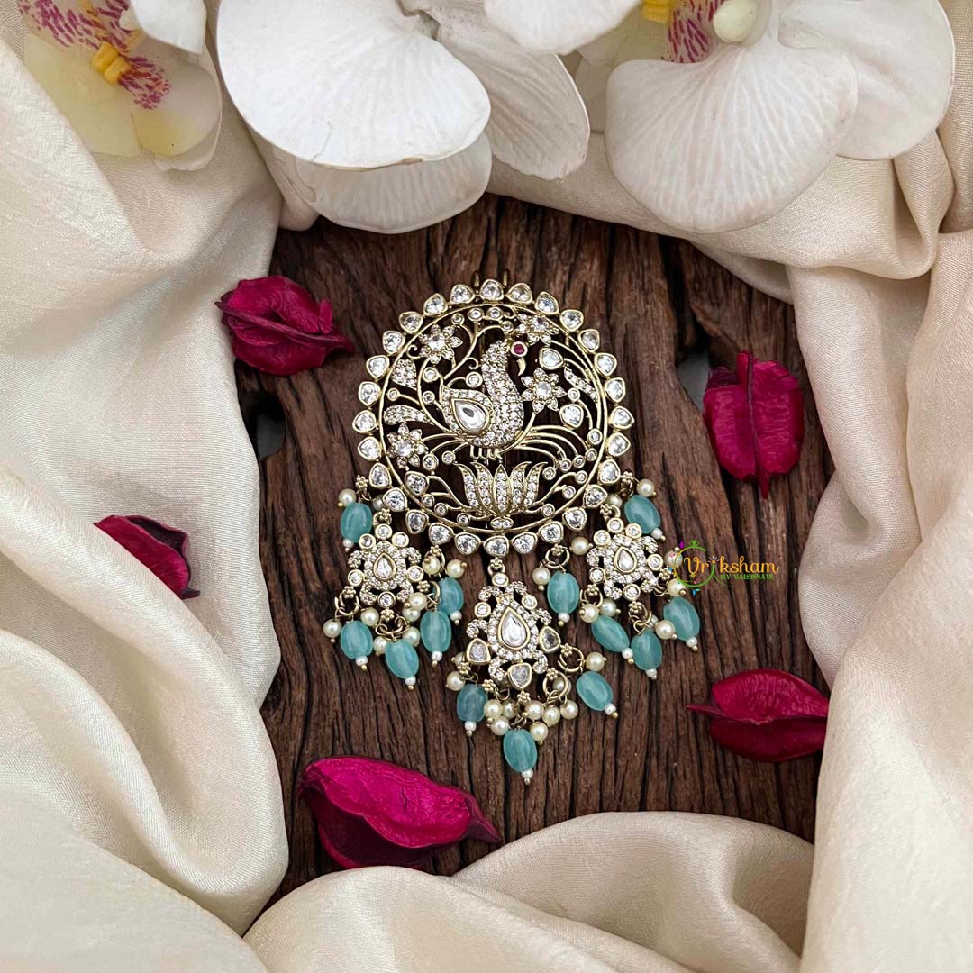 Vriksham Elegant Peacock Victorian Diamond Jada Billai Aqua  Green Bead& Pearls-VV2010