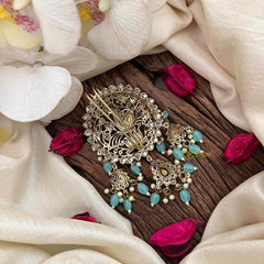 Vriksham Elegant Peacock Victorian Diamond Jada Billai Aqua  Green Bead& Pearls-VV2010