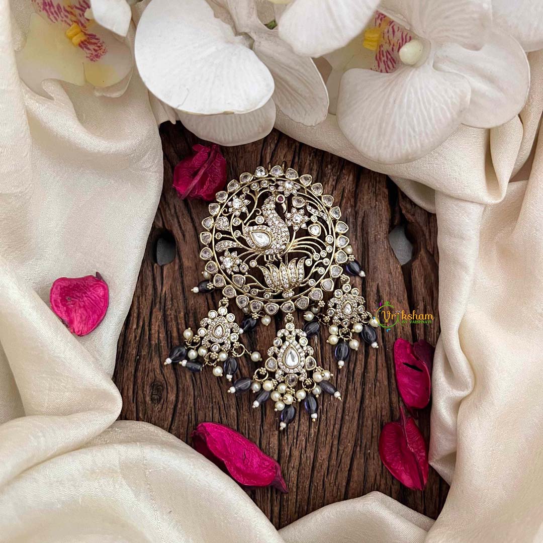 Vriksham Elegant Peacock Victorian Diamond Jada Billai-Purple Bead & Pearls-VV2011