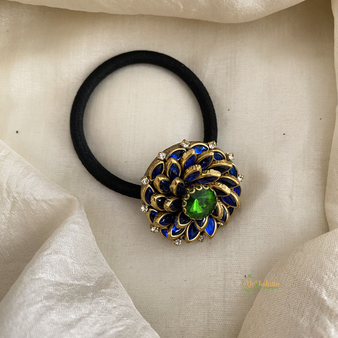 Dark Blue, Green Kundan Pendant Rubber Band - Flower - H658