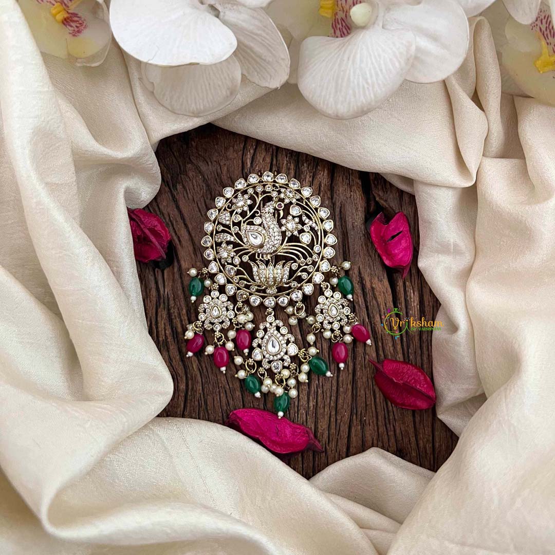 Vriksham Elegant Peacock Victorian Diamond Jada Billai-Red Green Bead & Pearls-VV2013